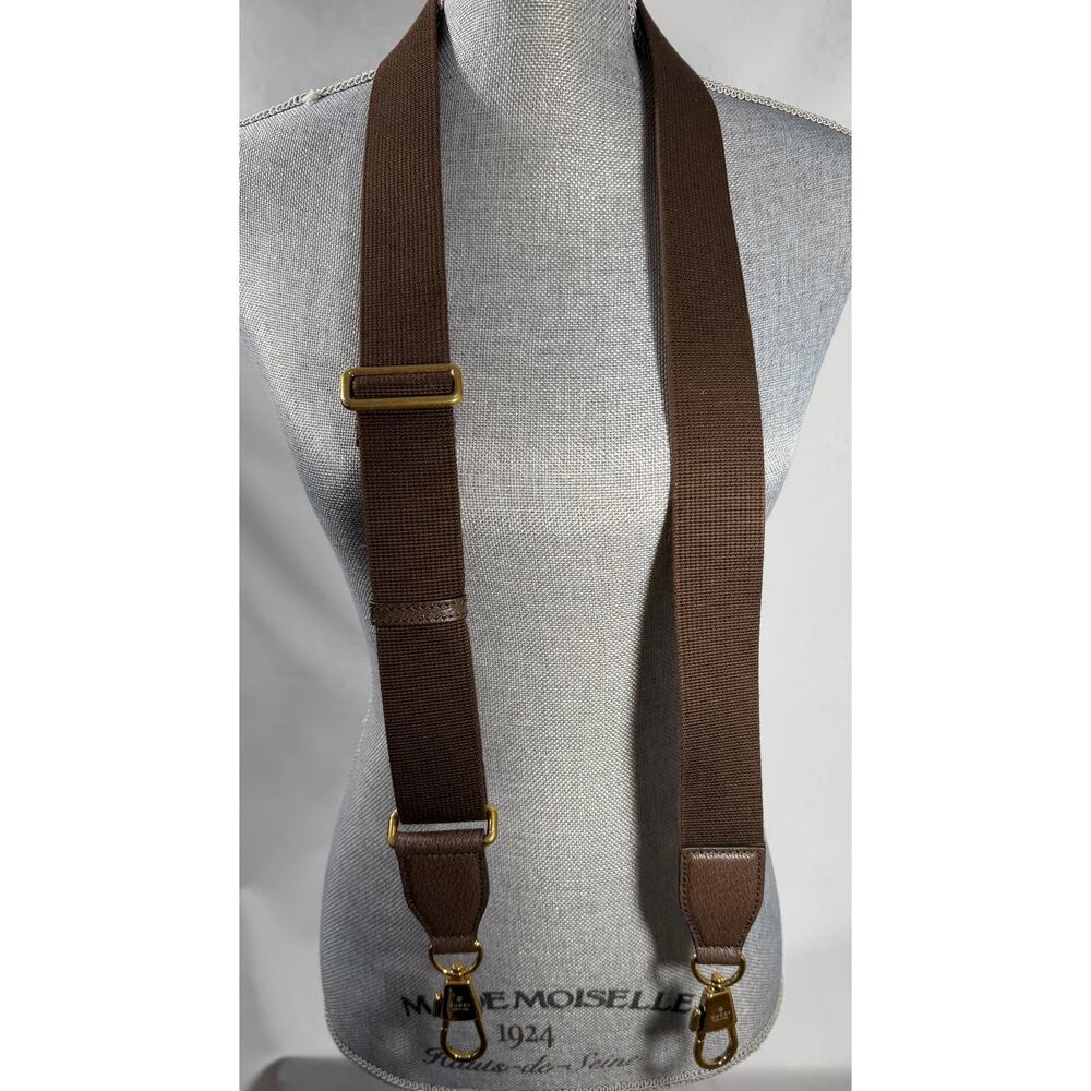 Gucci Brown Adjustable Luggage Strap Webbing Leather Trim Gold Logo Hardware 56"